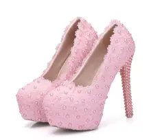 Spring and Summer Fashion Lace Pearl Foreign Trade Code fine heel waterproof platform high heel shoes