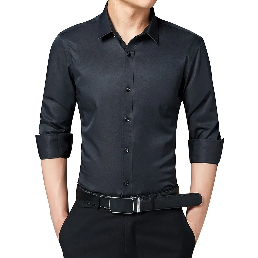 Feitong Slim Business Shirt Men Fashion Style Body-Building Solid Black White Blue Pink Long-Sleeved Autumn All Match Shirts - Цвет: Черный