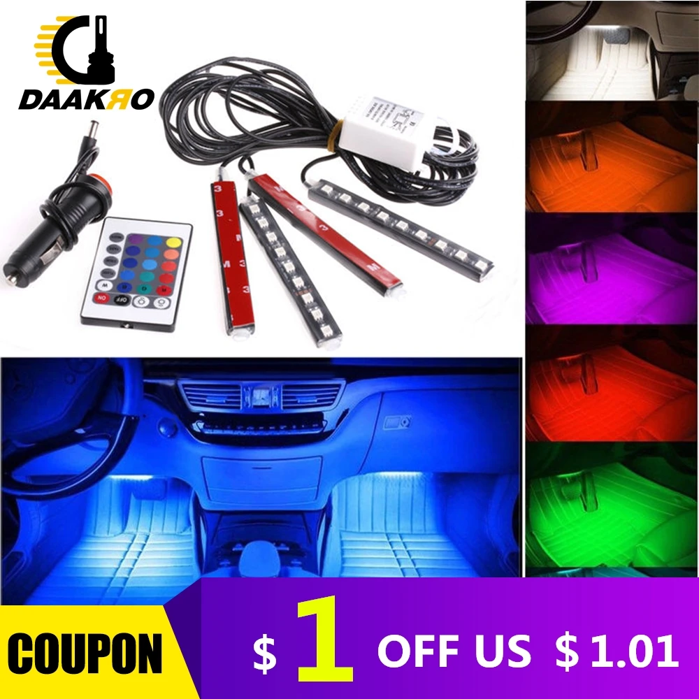  4pcs 5050 9 LED Remote Control Cigarette Lighter Colorful RGB Car Interior Floor Atmosphere Light S - 33018685103