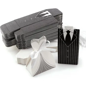 

50pcs Bride and Groom Wedding Favor Candy box with ribbon wedding accessories decoration mariage Decoupage paper party package