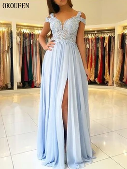 

Light Blue Prom Dresses 2019 Side Split Off the Shoulder Chiffon Formal Evening Gowns vestidos de fiesta largos elegantes gala