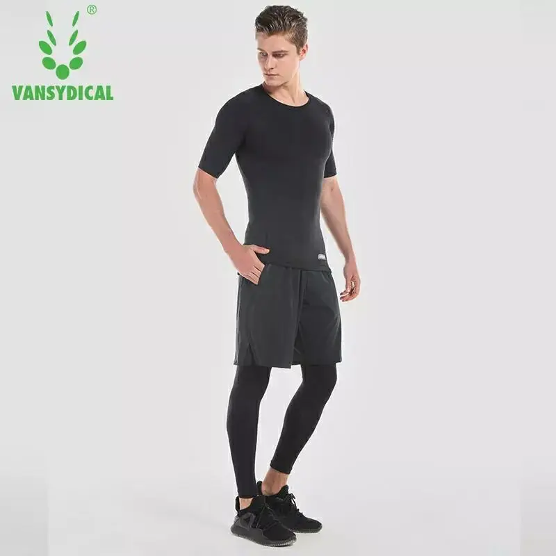 Vansydical Компрессионные спортивные костюмы мужские трико для бега топ и шорты