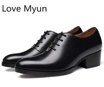 

Men's genuine leather career dance oxford shoes men high heels round toe lace business dress shoes height increase wedding shoes