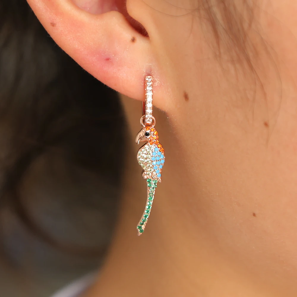 

Parrot dangle earring rose gold color France hot selling lovely bird colorful cz top quality stunning Modern charm earrings