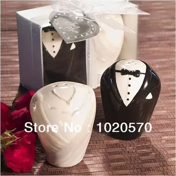 

200pcs=100sets/lot Bride&Groom Ceramic Salt & Pepper Shaker wedding favors and gifts souvenirs for guest Free shipping