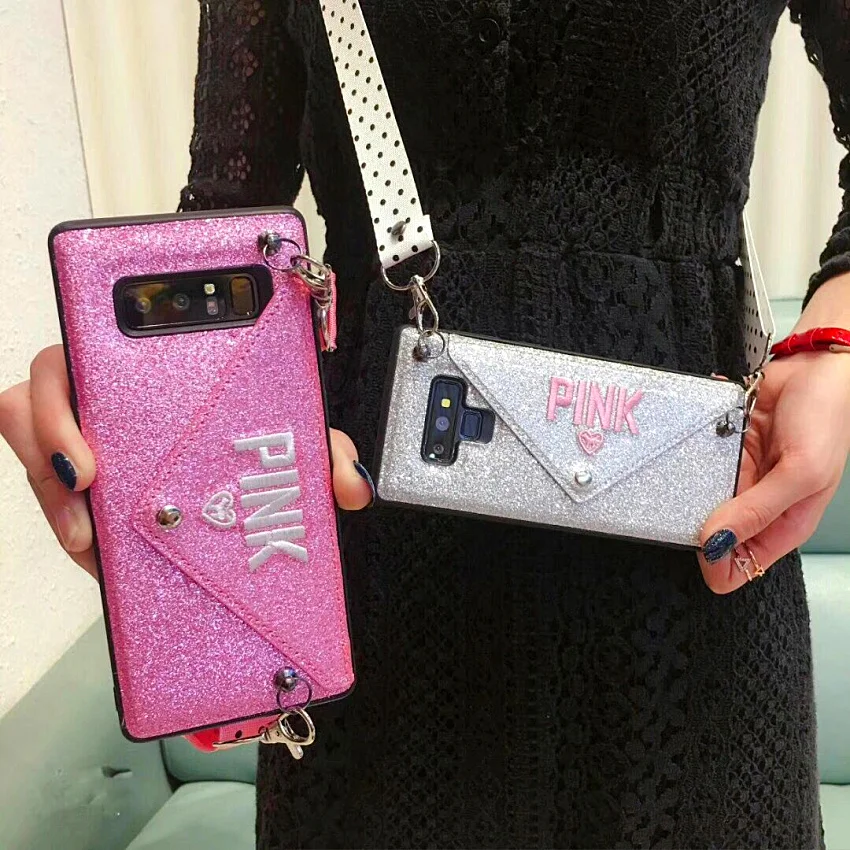 

Luxury brand Glitter PINK Embroidery Phone case Wave point Lanyard For iPhone XS MAX XR X 8 7 6s Plus For Samsung Note 8 9 case