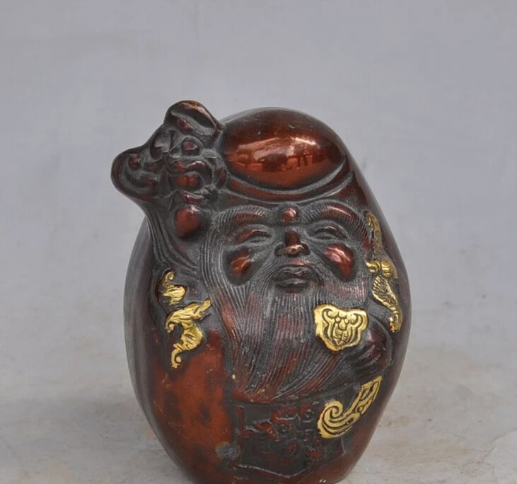 

12cm china bronze copper Gilt God of longevity shou star Bats beast lucky statue