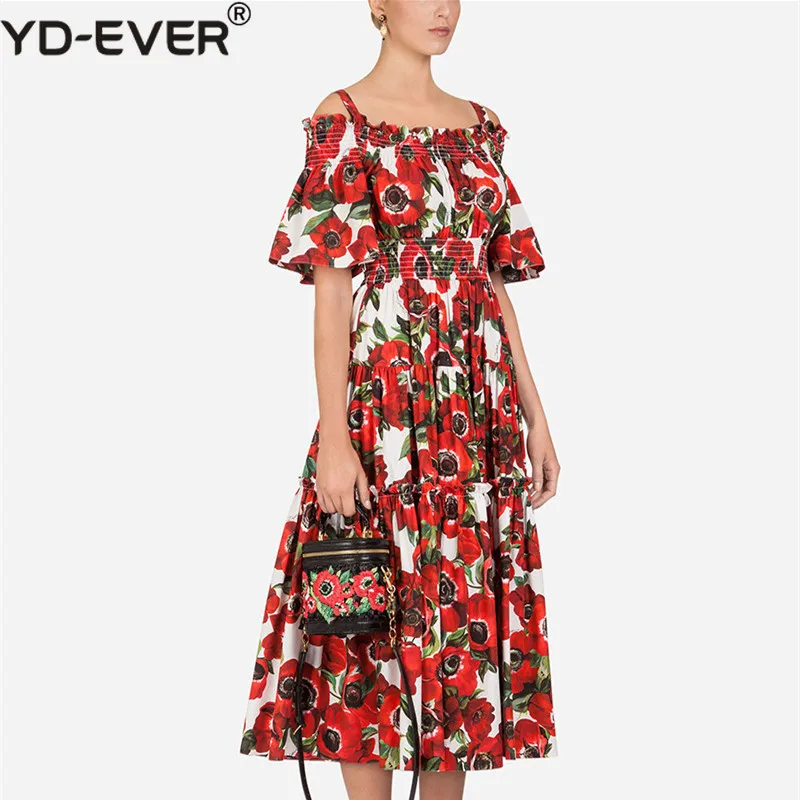 

New 2019 Runway Designer Flower Summer Dress Women's Cold Cut Out Shoulder Slash Neck Red Rose Floral Print Sundress Party Dress