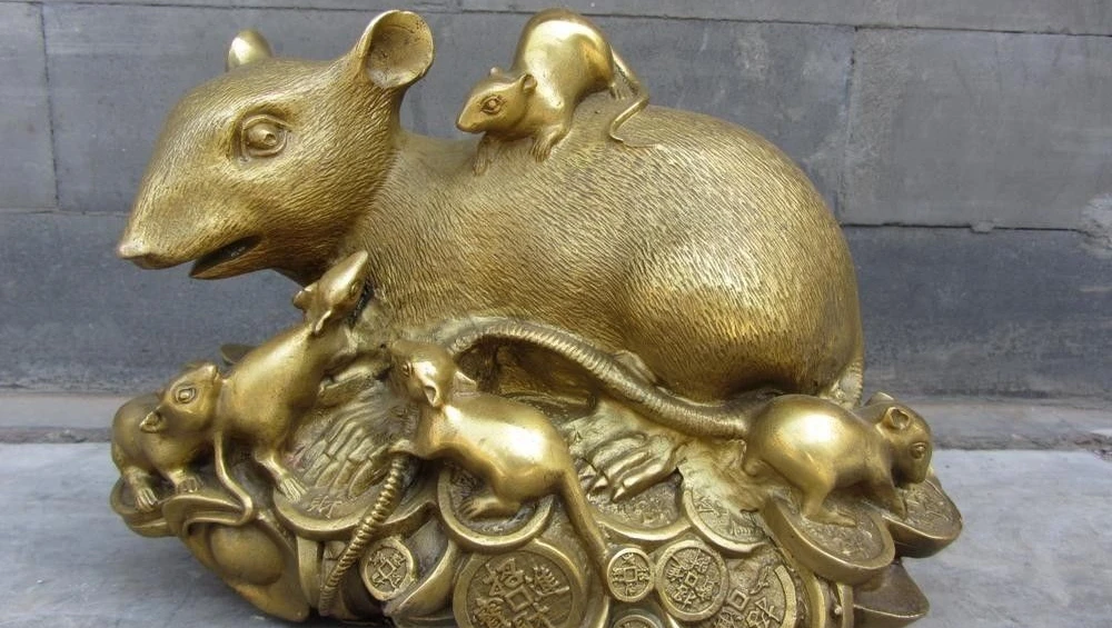 

6 Chinese Brass Copper Feng Shui Auspicious Wealth YuanBao Zodiac Mouse Statue