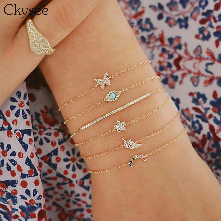 

Ckysee 6Pcs/set Vintage Rainbow Leaf Butterfly Charm Bracelet Bangles For Women Adjustable Gold Multilayer Chain Bracelet Gifts