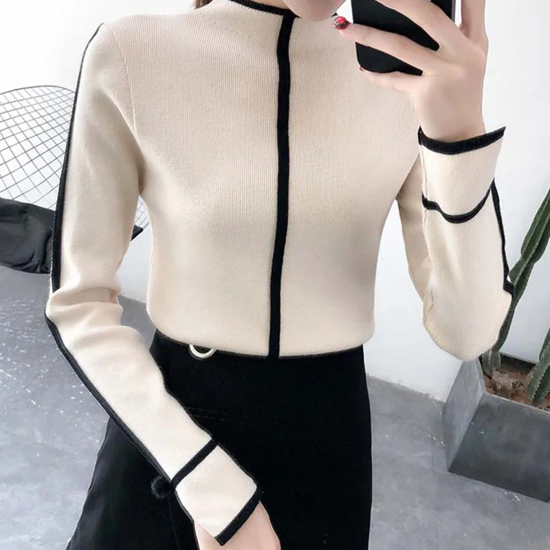 

2019 Autumn and winter new thick knit bottoming women sweater head long-sleeved split collar collar slim knit top sweater women