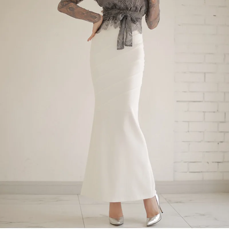 

White Fish Tail Skirt Women Ankle-Length Long Skirt Ruffles Back Zipper Trumpt Mermaid Empire High Waist B92992