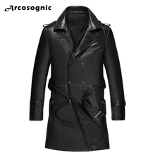 Классический мужской длинный кожаный Тренч, роскошное качество, натуральная кожа, мужская куртка, новые мужские кожаные куртки и пальто