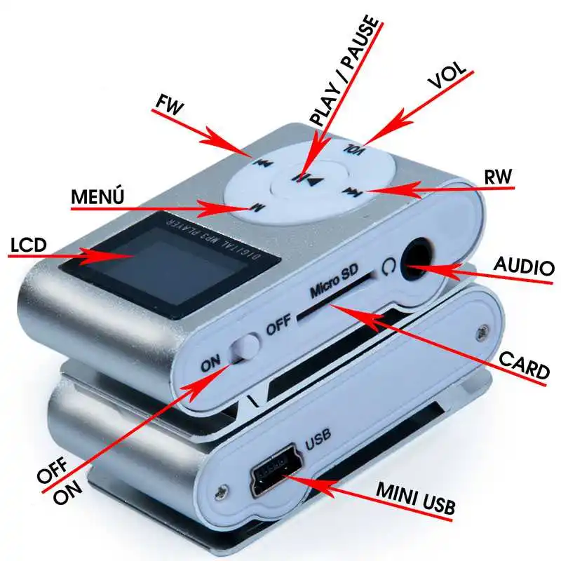 OcioDual Mini Blue MP3-плеер с зажимом ЖК-экран и fm-радиоприемник алюминий до 32 ГБ Micro SD металлический датчик для считывания