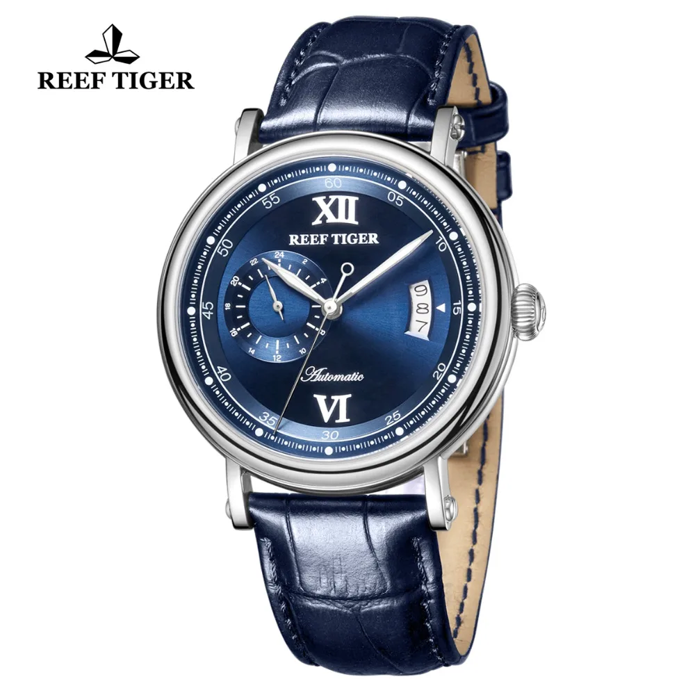 Роскошные деловые мужские часы Reef Tiger/RT синие модные механические с кожаным