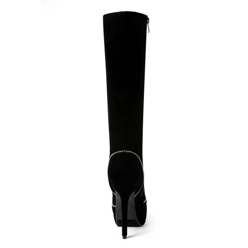 Solide Hiver Chaussures Genou Talons À forme Long Zipper Femmes Zip Bottes Peluche Perle Plate Mince Noir Haute Nubuck haute Courte Chaîne Rond Bout Troupeau rZ5qr