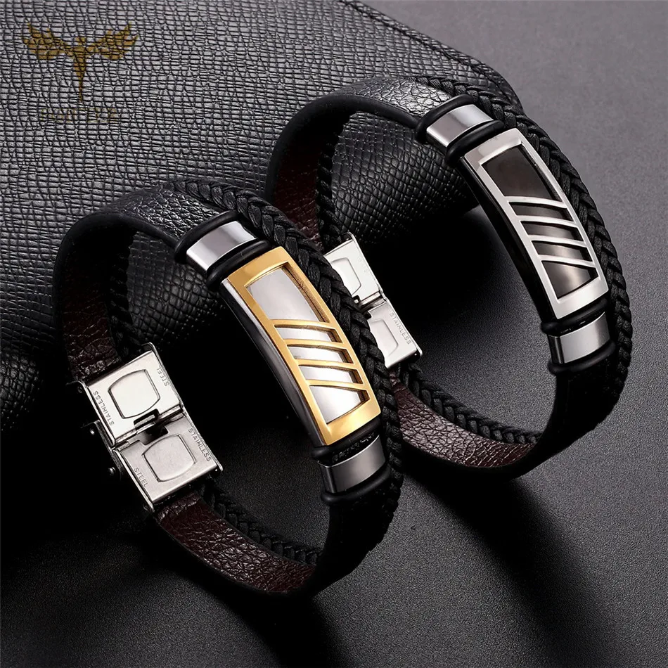 Fashion Charm Bracelet Gold Black Geometric Stainless Steel Accessory Multi Layer Leather Bracelets Bangles for Women Men