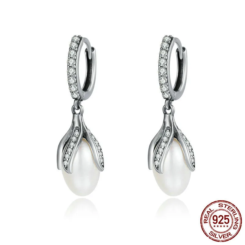 

Pure silver S925 pendant ear nail flower bud freshwater pearl Women inlaid AAA zircon Dangle earings jewelry