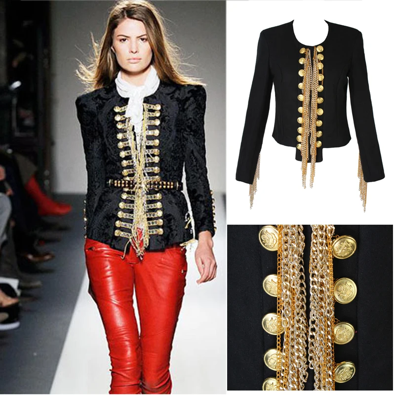 Womens wool blend short Uniform napoleon Jacket punk Power Shoulder Sleeve Tassel Military