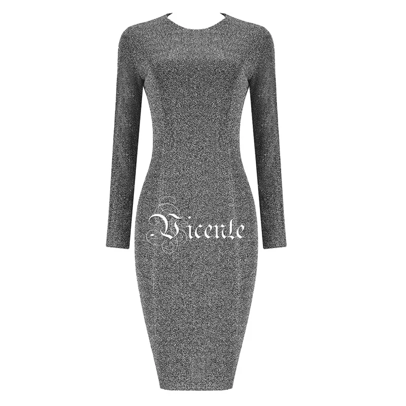 VC Новое модное блестящее Серебряное платье с длинными рукавами и круглым вырезом длиной до колен, вечерние платья знаменитостей, Клубное облегающее платье - Цвет: Серый
