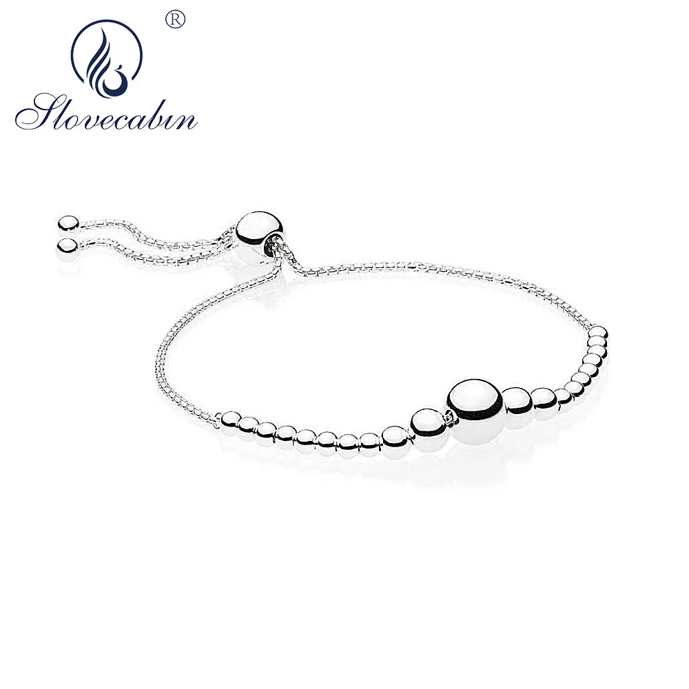 

SloveCabin 925 Sterling Silver String of Beads Sliding Bracelet & Standards Adustable Bangle 2018 New Winter Women Jewelry
