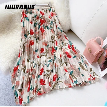 IUURANUS New 2019 Women Chiffon Skirt Summer Flower Elegant Pleated Skirt Ladies Vintage High Waist Long Skirts beach skirt box pleated chiffon skirt