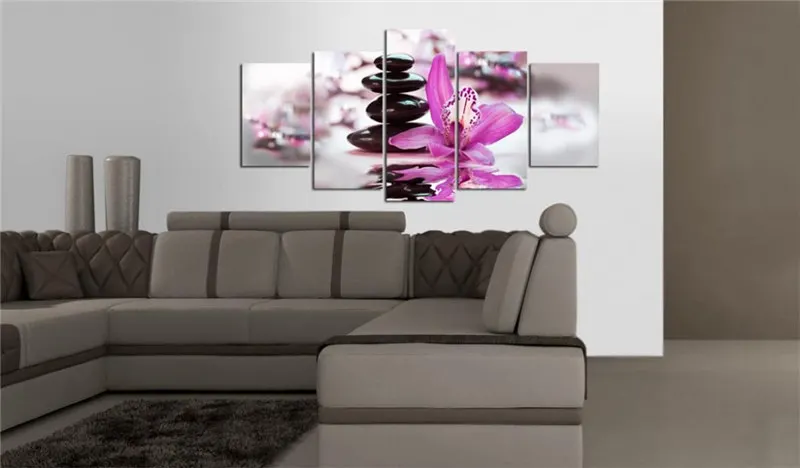 Картины на холсте, домашний декор, 5 шт., Каменный светильник, фиолетовая бабочка, цветок орхидеи, плакат, принт, фоновая картина, модульная настенная живопись