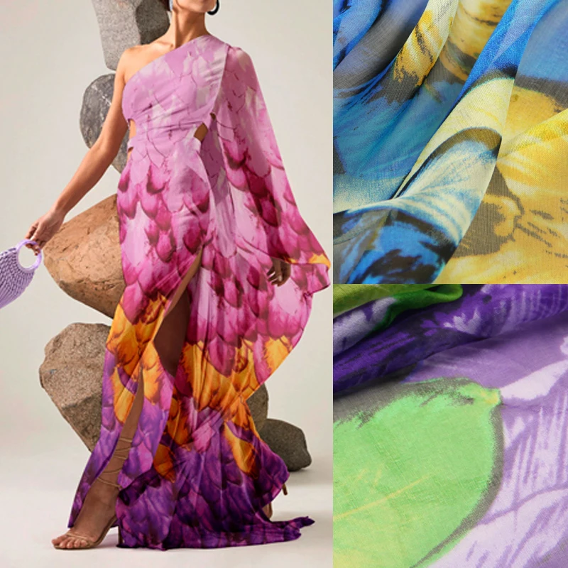 

135CM Wide 6MM Feather Print Blue Green Pink Thin Silk Chiffon Fabric for Summer Long and Short Dress Blouse Shirt D952