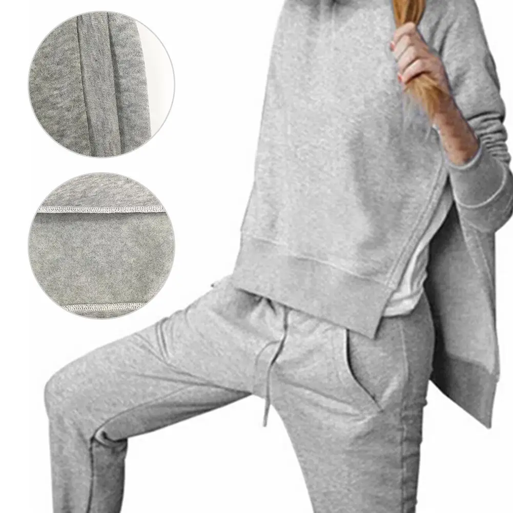 Tracksuit Women Pullovered Yoga Set Sport Wear For Women Long Sleeve Slit Solid Sweatshirts Two Piece Set Tops+Pants Sport Suit