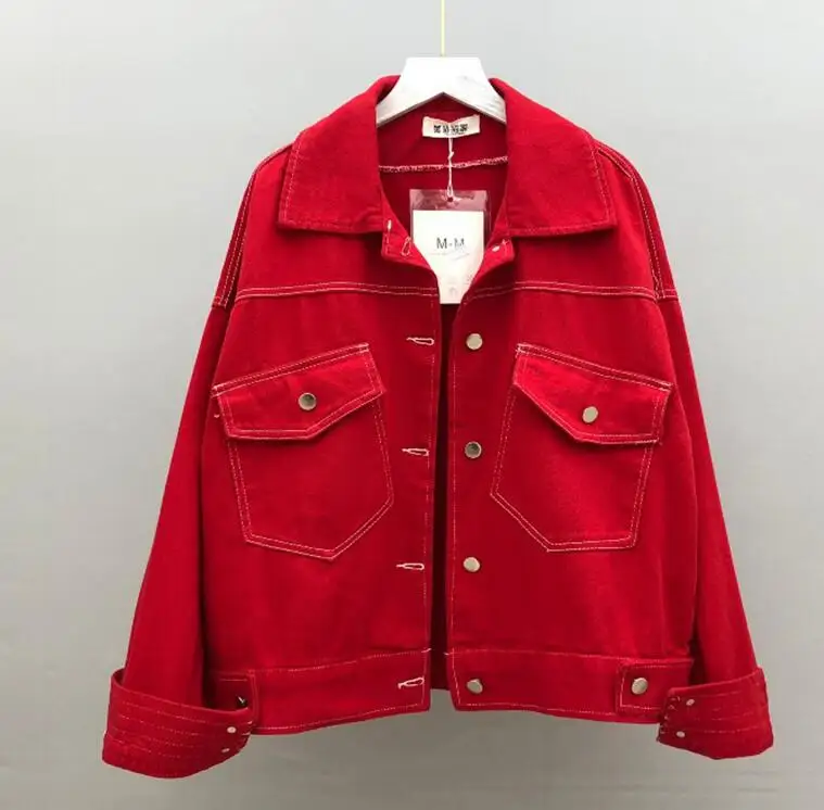 Весенняя женская джинсовая куртка с отложным воротником, свободные джинсы Harajuku BF, красное пальто, женский джинсовый жакет в стиле хип-хоп, пальто размера плюс - Цвет: Красный