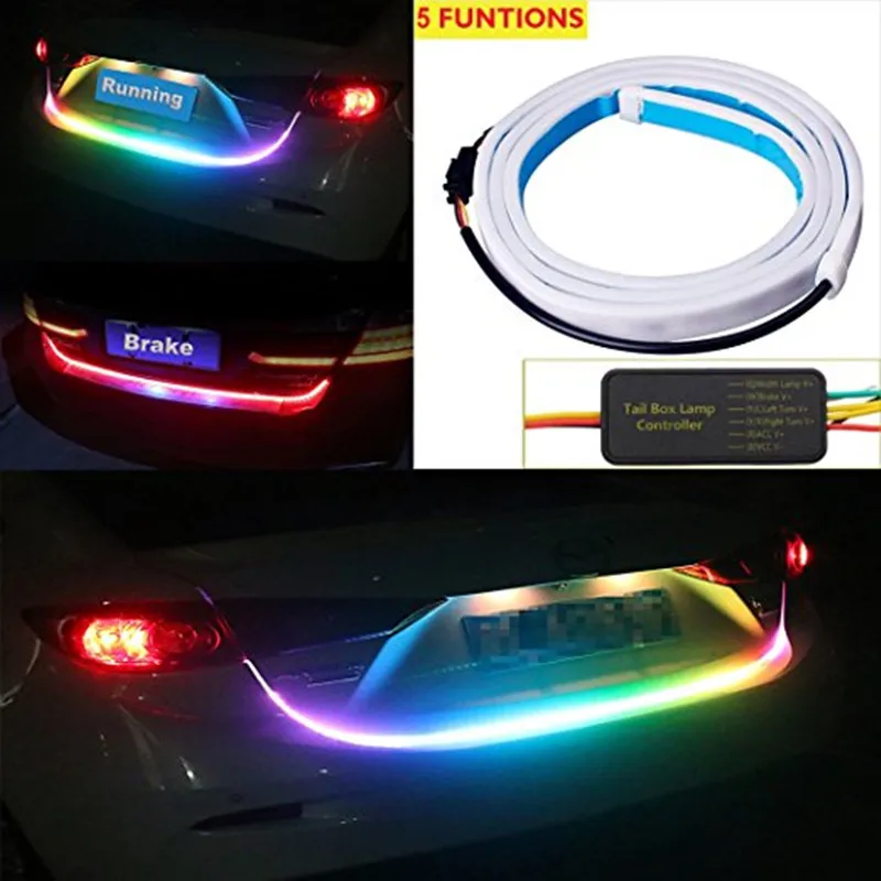 

120cm 150cm RGB LED Strip Lighting Car Rear Trunk Tail Light RGB Dynamic Streamer Brake Turn Signal Leds Warning Lights Strips