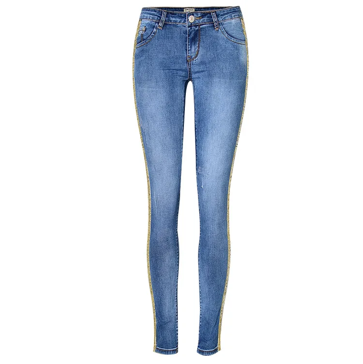 Модные узкие джинсы с низкой талией и полосками сбоку, женские узкие джинсы с вышивкой и золотыми блестками, Vaqueros Mujer, джинсы с эффектом пуш-ап