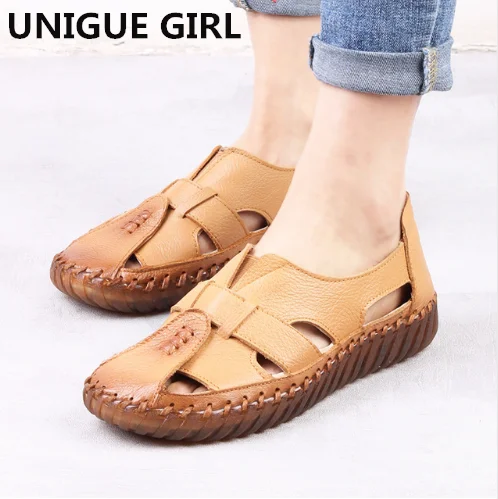 

UNIQUE GIRL Women's Sandals 2019 Summer Genuine Leather Handmade Ladies Shoe Leather Sandals Women Flats Retro Style Mother Shoe