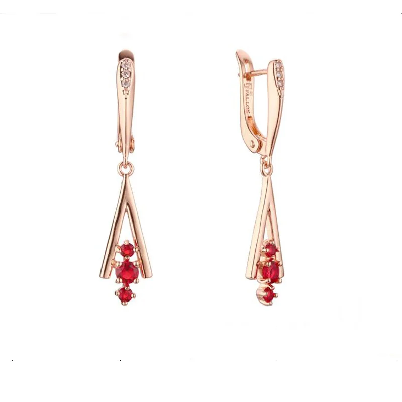 

FJ Women 585 Rose Gold Color Three Red Cubic Zircon Triangle Drop Earrings