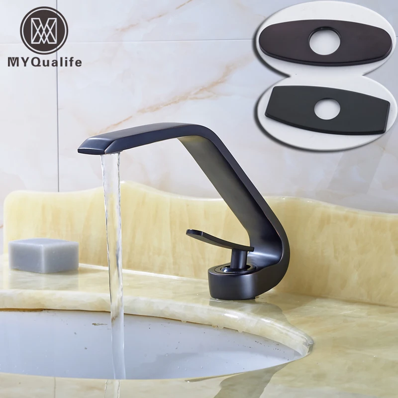 

Oil Rubbed Bronze Curved Style Bathroom Vanity Sink Mixer Faucet Single Handle Basin Faucet 6" Decorate Plate