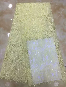 

white colors African French Lace Fabric High Quality African Tulle Lace Fabric with Glued glitter sequins yellow Sky blue, white