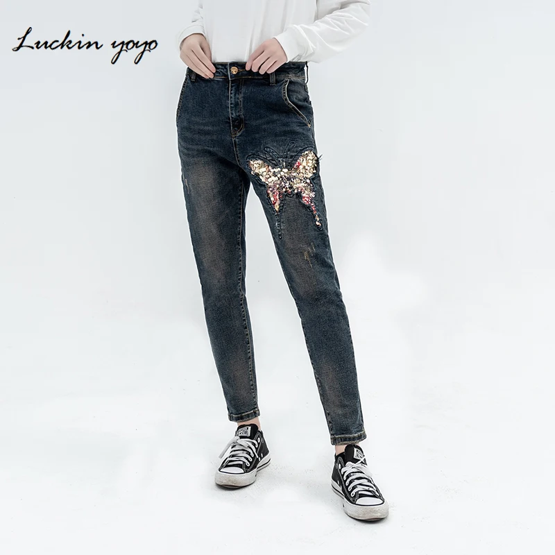 

Luckin yoyo Women Jeans with Sequin Butterfly Jeans Pants Vintage Color Casual High quality Cotton Full Length Denim Trousers