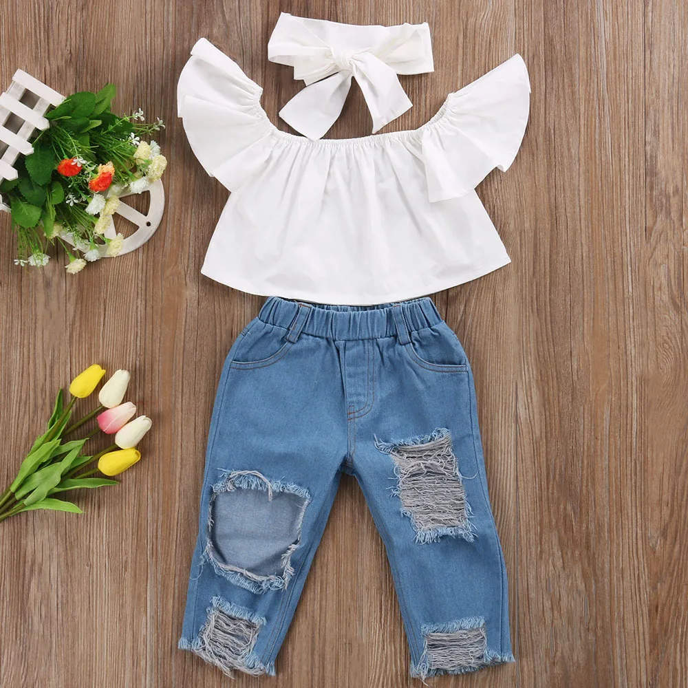 FeMereina Baby Mädchen Jeans Outfits Schulterfreie Rüschen Crop Tops Shirt & Zerrissene Jeans Jeanshose Hosen Set