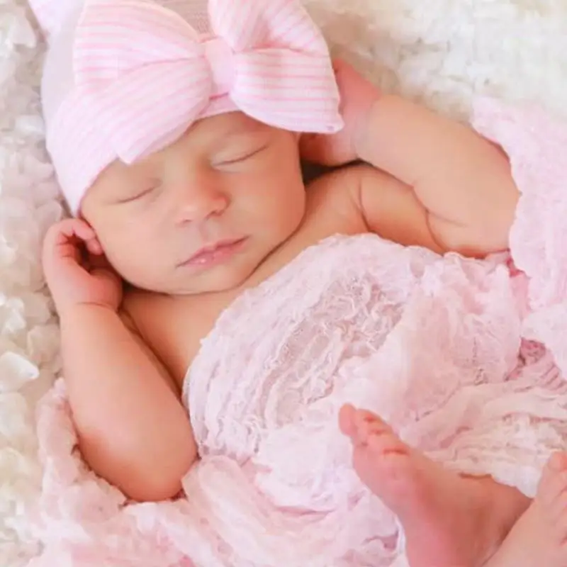 

Cotton Soft Newborn Baby Hats Big Bow Knot Pink Diamond Stripe Toddler Knit Caps Warm Large Hair Bows