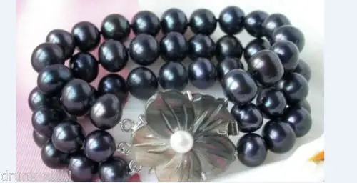 

3 strand Natural tahitian black pearl bracelet 7.5"-8" Flowers shell clasp @^Noble style Natural Fine jewe FREE SHIPPING