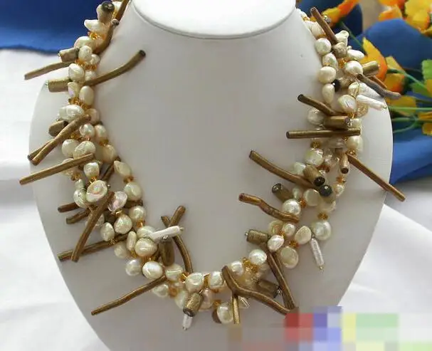 

3754 3row canary BAROQUE FW PEARL golden coral NECKLACE