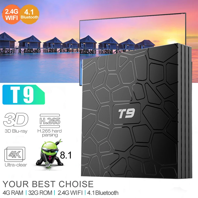 

T9 TV Box Android 8.1 Smart RK3328 Quad Core 4G/32G USB 3.0 4K HD Wifi Bluetooth USB3.0 Google Play Store Youtube Media Player