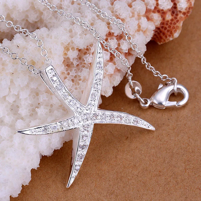 

Top quality Silver Plated & Stamped 925 big loverly starfish with crystal stone pendant necklace accessories jewelry