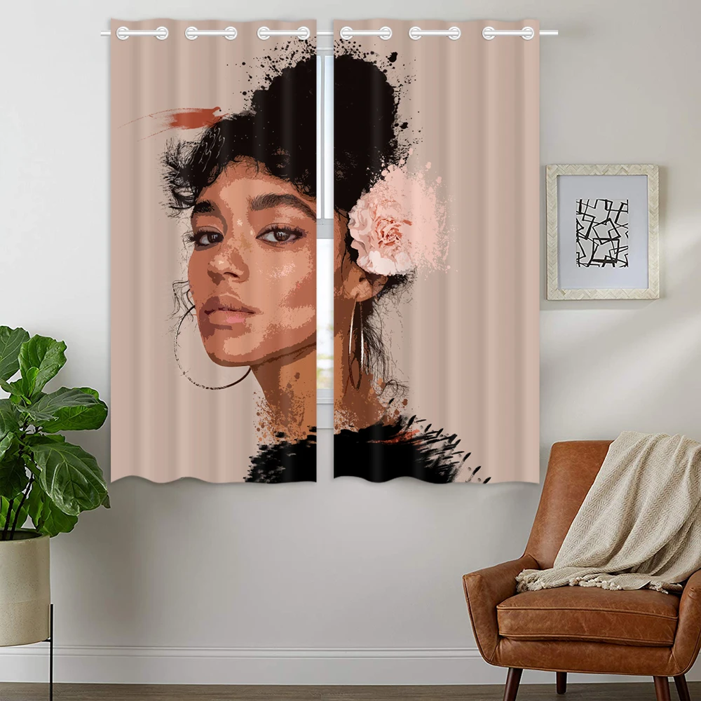 

Blackout Curtains Darkening 2 Panels Grommet Window Curtain for Bedroom African American Woman with Pink Flower Cornel color