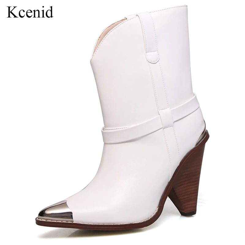 

Kcenid Autumn fashion ankle boots women metal pointed toe genuine leather western cowboy boots women chunky wedges boots shoes