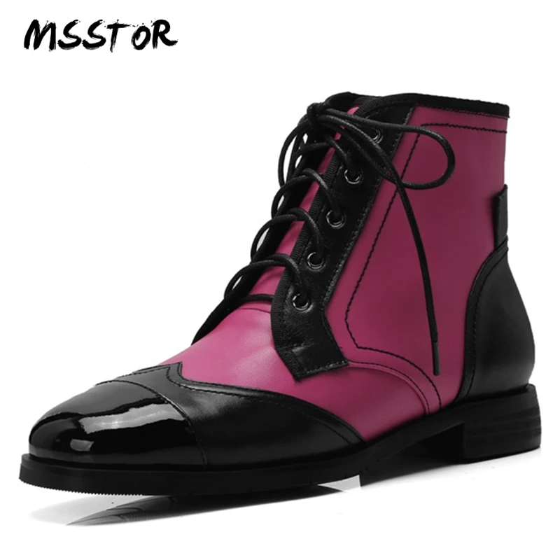 

MSSTOR Mixed Colors Lace-Up Boots Round Toe Fashion Sewing Casual Black Leather Boots Women Square Heels Autumn Shoes Women 2.5