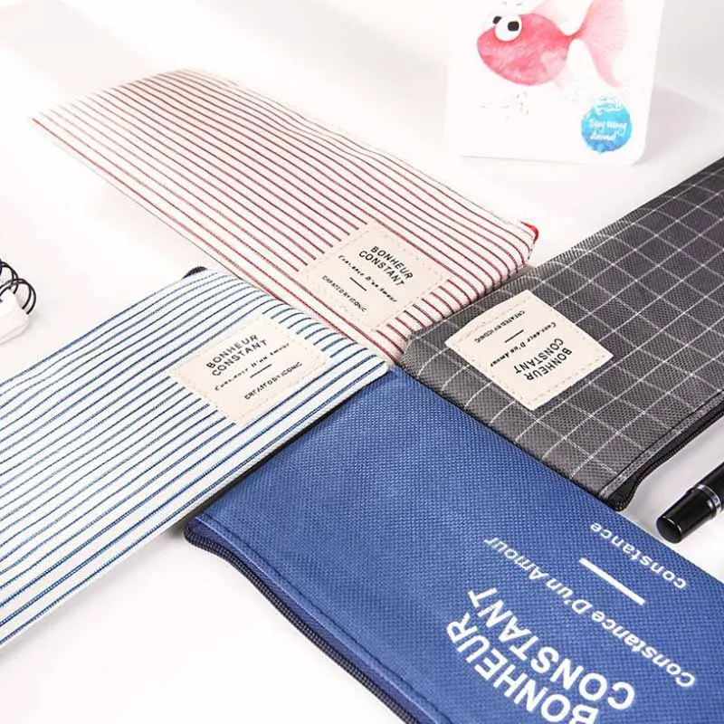 

Brief Style Grid Stripes Canvas Pencil Bag Stationery Storage Pencil Case School Gift Stationery Supply