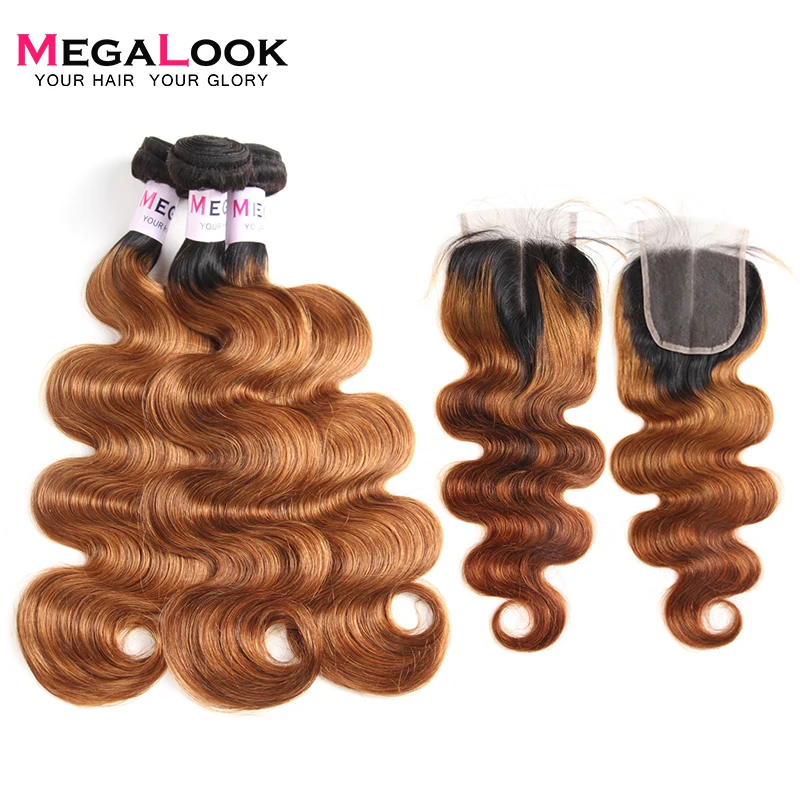 Megalook 1B/30 перуанские пучки волнистых волос с закрытием Remy пучки волос от светлого до темного цвета с закрытием