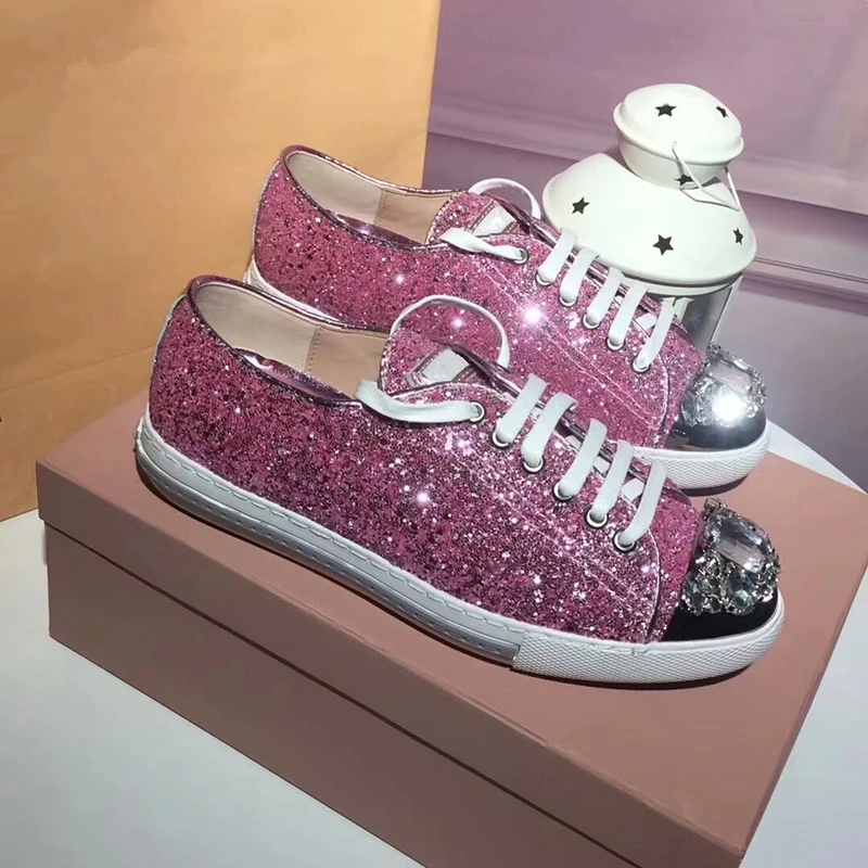 

Spring Women Fashion Flats Pink Silver Sequins Shiny Shoes Leather Casual Shoes Ankle Boots Comfy Casual Lace Up Sneakers Woman