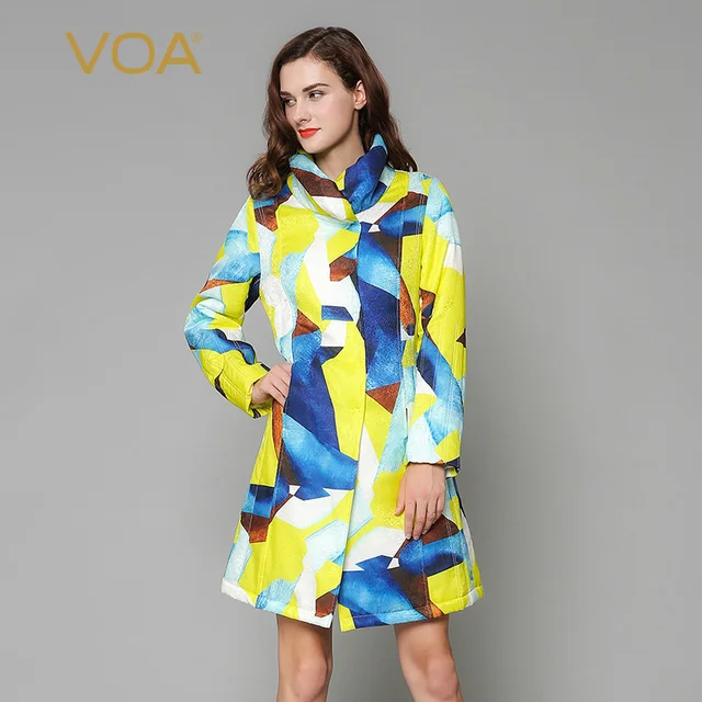 Cheap VOA high collar yellow blue jacquard silk cotton padded jacket winter coat female M1135